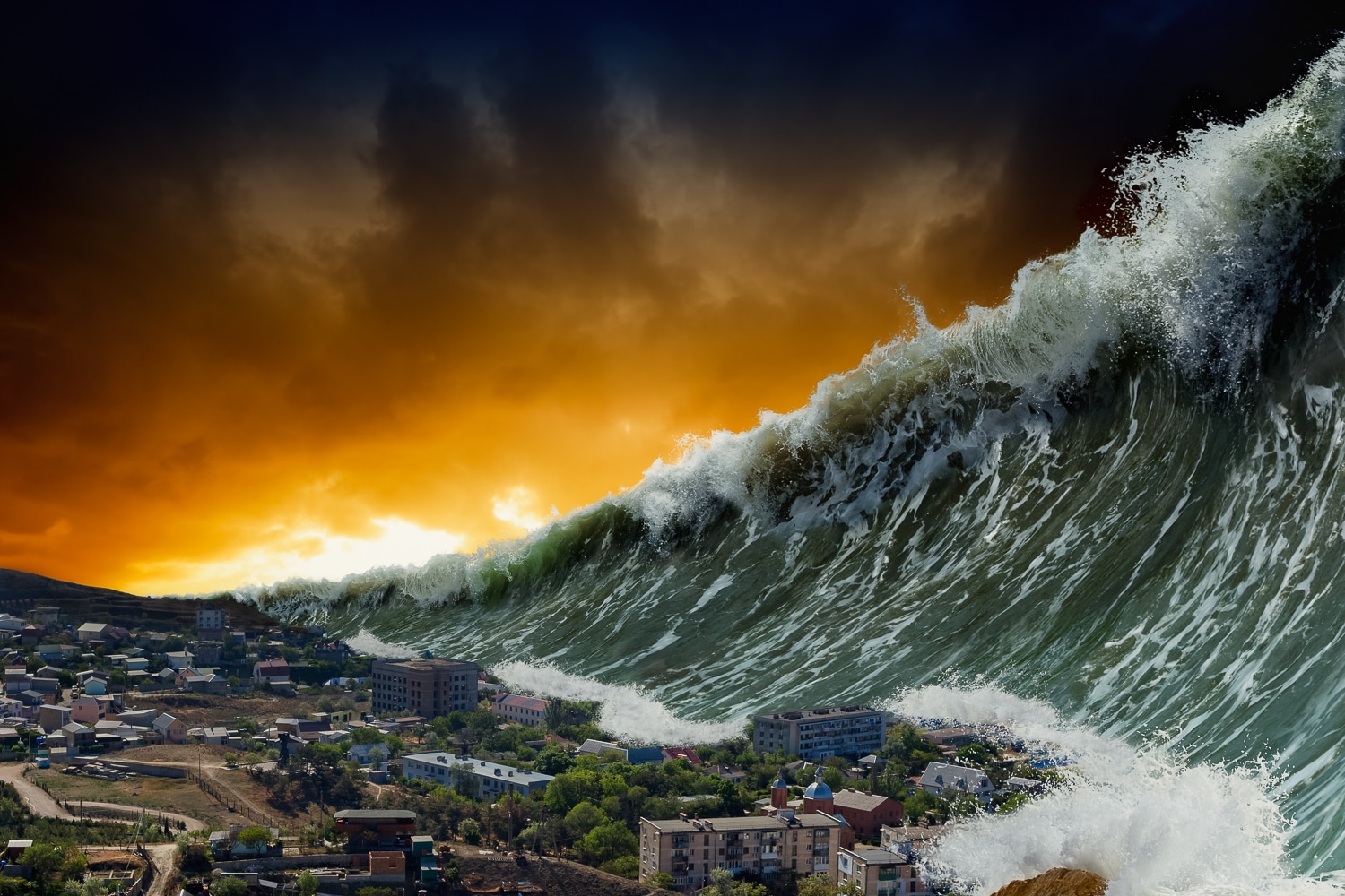 Huge Tsunami about to hit a town to show COVID19 effects the World & increase digital branding for "4 ways for a brand to survive and thrive during Covid-19".