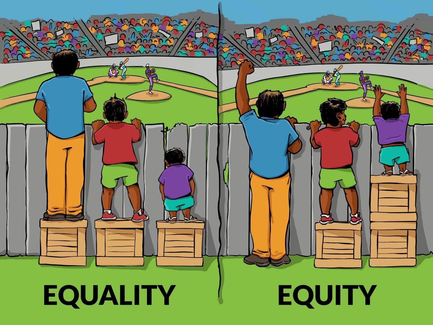 Interview with Julie Castro Abrams on women leaders, minorities, equity and diversity. (Image showing inequity among 3 people looking at a game over fence.)