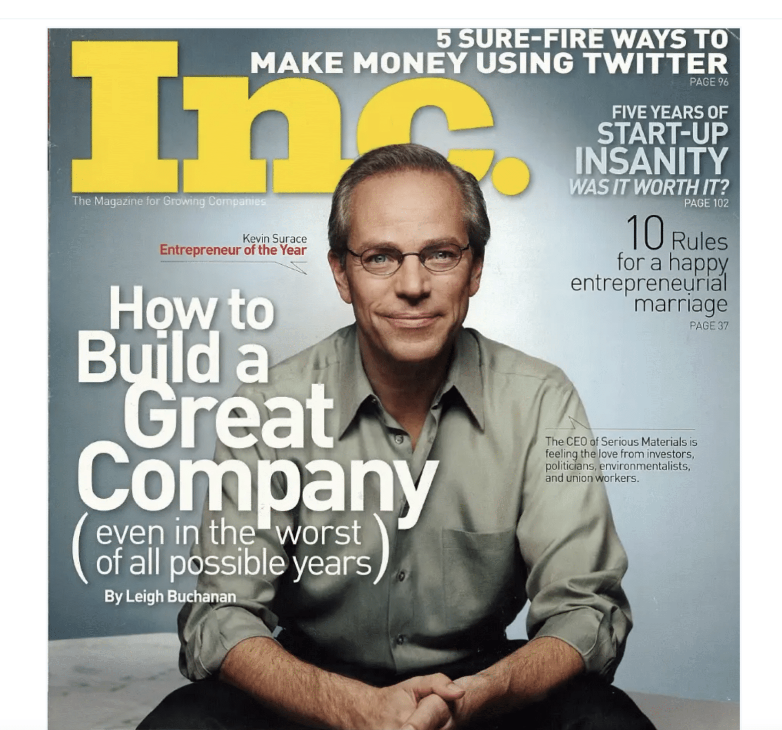 Kevin Surace cover of Inc Magazine, how to invest in technology (pain points, market timing, convenience), climate change, the future of US, his personal brand.