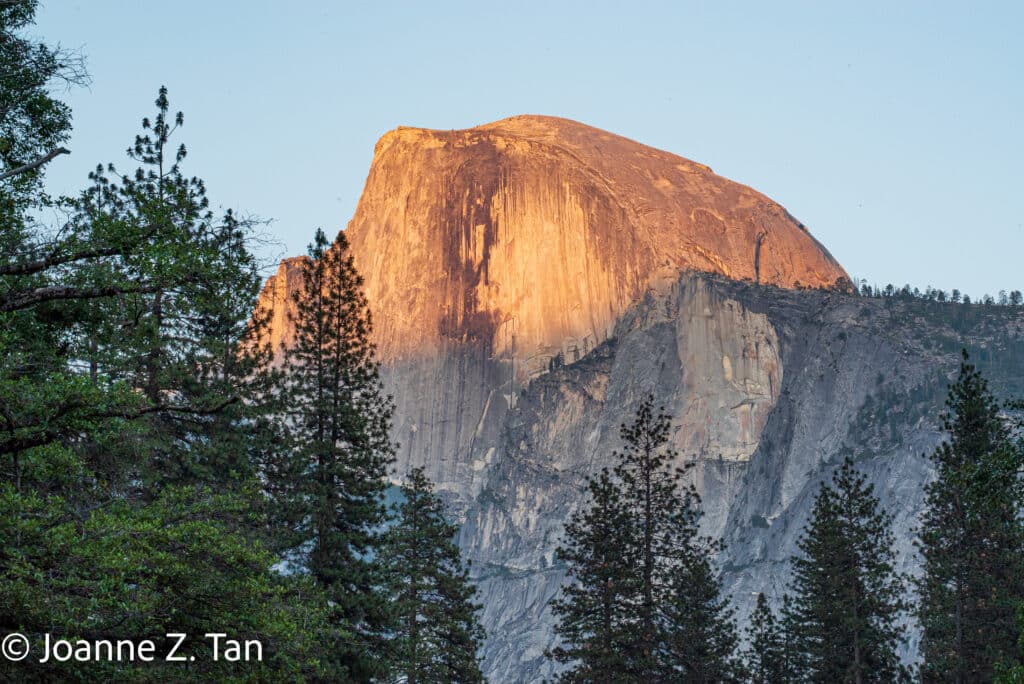 Half Dome west side in sunset, by Joanne Z. Tan in her backpacking story in Yosemite wilderness as poet, writer, photographer, brand strategist.